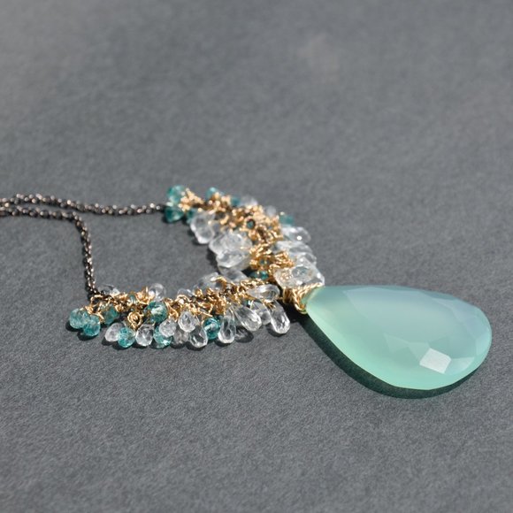 14kGF Blue Chalcedony and Aquamarine Drop Necklace - Picture 3 of 6